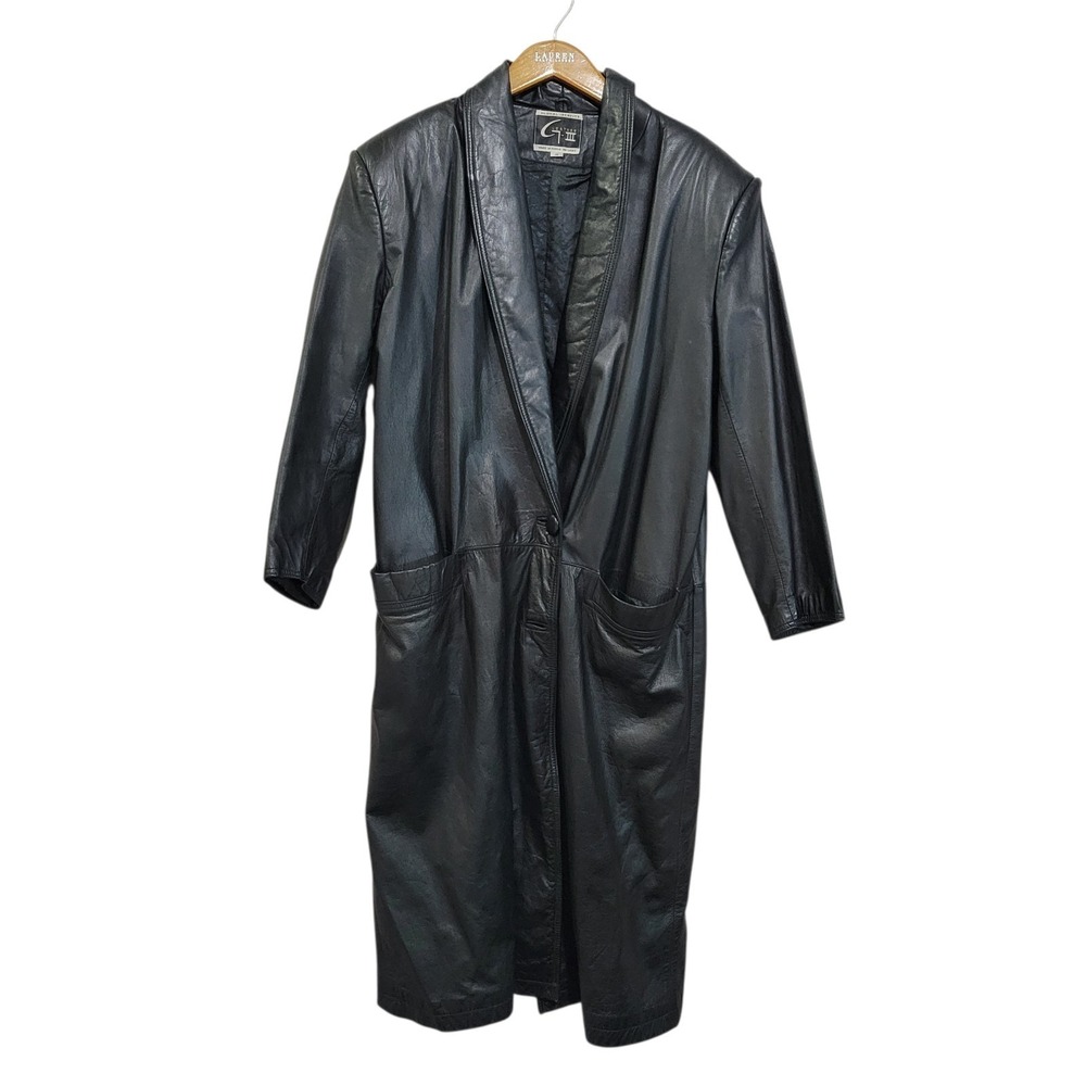 Global Identity Leather Trench Coat Womens Medium Black Button Pockets VTG 80s